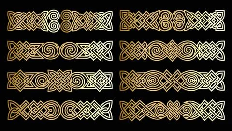 Celtic knot borders and golden geometric ornaments on black background. Stock Illustration