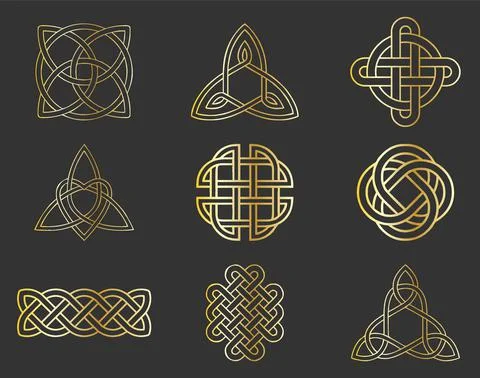 Celtic knot vector icon set in gold color on grey background Stock Illustration