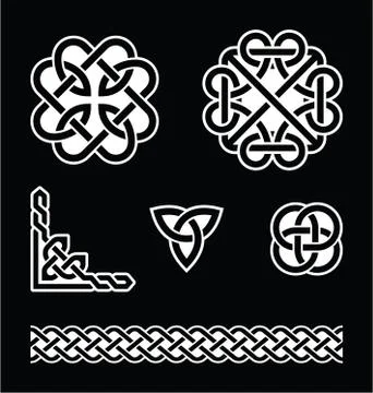 Celtic knots patterns in white on black background Stock Illustration