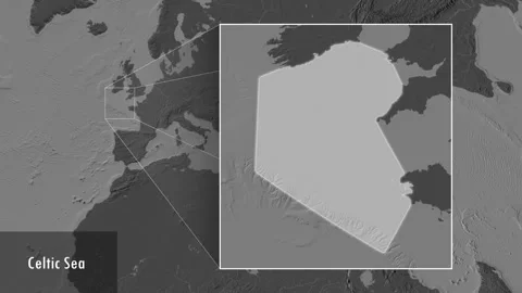Celtic Sea. Bilevel map. Patterson Cylindrical. Location Stock Footage 297555262
