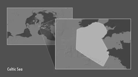 Celtic Sea. Bilevel map. Patterson Cylindrical. Diagram Stock Footage 297558254