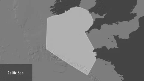 Celtic Sea. Bilevel map. Patterson Cylindrical. Close-up Stock Footage 297560464