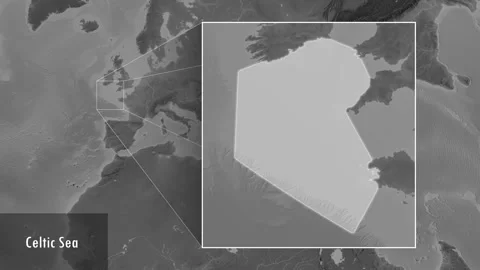 Celtic Sea. Grayscale map. Patterson Cylindrical. Location Stock Footage 296885498