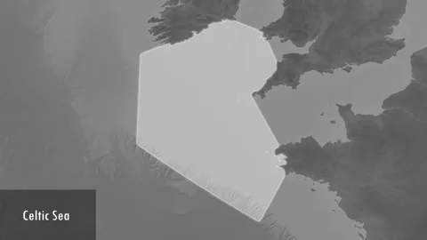 Celtic Sea. Grayscale map. Patterson Cylindrical. Close-up Stock Footage 298885799