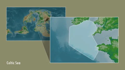 Celtic Sea. Physical map. Patterson Cylindrical. Diagram Stock Footage 296897857