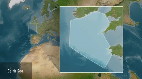 Celtic Sea. Satellite map. Patterson Cylindrical. Location Stock Footage 299297101