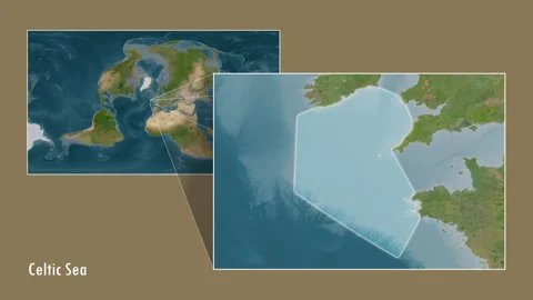Celtic Sea. Satellite map. Patterson Cylindrical. Diagram Stock Footage 299297167