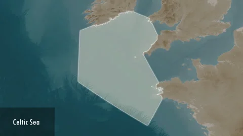 Celtic Sea. Sepia map. Patterson Cylindrical. Close-up Stock Footage 296869819
