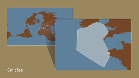 Celtic Sea. Solid map. Patterson Cylindrical. Diagram Stock Footage 296876600
