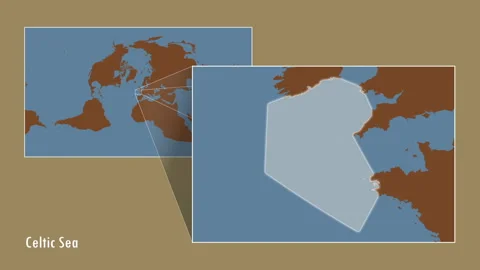 Celtic Sea. Solid map. Patterson Cylindrical. Diagram Stock Footage 297558261
