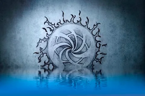 Celtic tattoo drawing on blue wall with water reflections 库存插图
