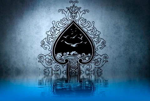 Celtic tattoo drawing on blue wall with water reflections 库存插图