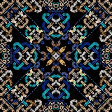 Celtic textured seamless pattern. Colorful tapestry background. Repeat grunge Stock Illustration