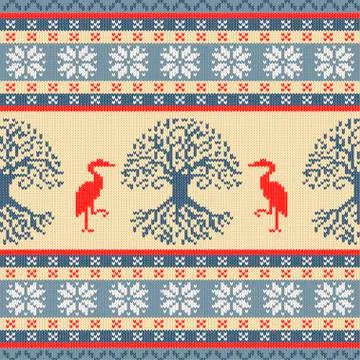 Celtic Tree of Life and Crane. Knitted woolen seamless ornament Stock Illustration