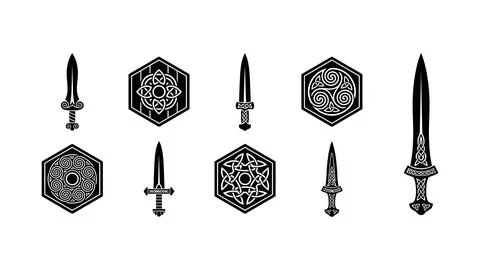 Celtic weaponry and shield collection featuring elegant knotwork patterns a.. Illustrazione stock
