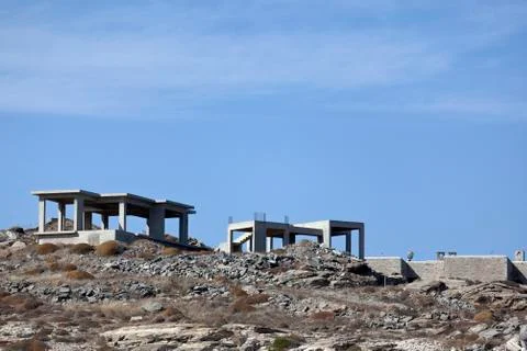 Cement construction frames for houses in Paros, Greece 스톡 사진