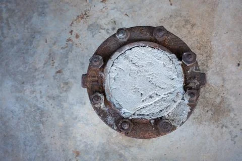 Cement fiiled pipe at construction site with negative space for copy. Stock Photos