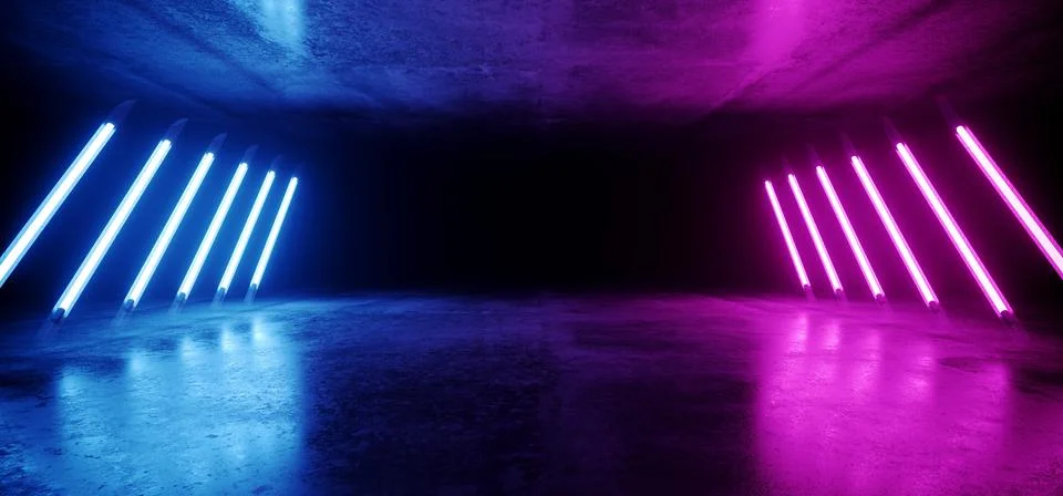 Studio Neon Led Laser Lights Glowing In Wide Garage Podium Car Showroom  Purple Blue Red Grunge Concrete Reflective Floor Sci Fi Futuristic 3D  Rendering Stock Illustration