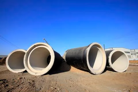 Cement pipe in the construction site Stock Photos