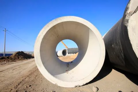 Cement pipe in the construction site Stock Photos