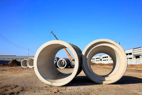 Cement pipe in the construction site Stock Photos