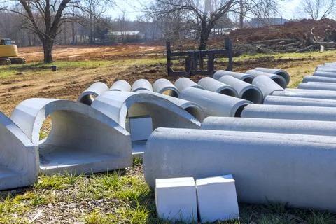 Cement pipes structures are arranged in construction site in construction are Stock Photos