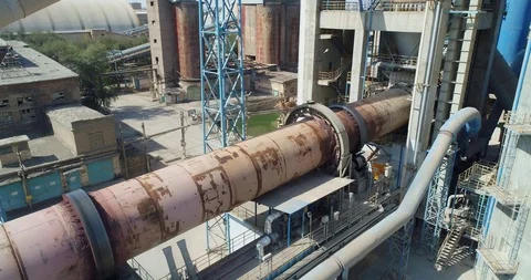 Cement production. Rotary kiln of a cement plant. Aerial View Stock Footage