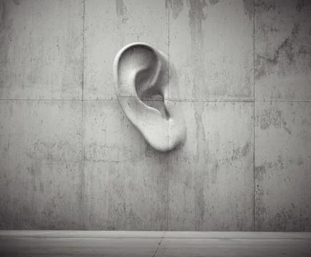 Cement sculpture in the shape of a human ear on a concrete wall. Stock Illustration