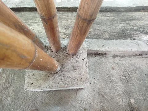 Cemented bamboo house support pillars on the ground 库存照片