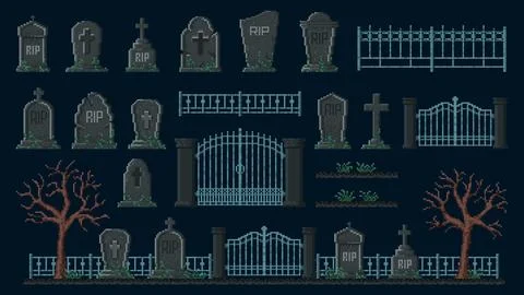 Cemetery 8 bit pixel game asset. Gravestone, fence Ilustración de archivo
