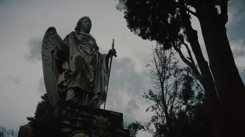 Cemetery, angel statue with tree Stock Footage 104921385