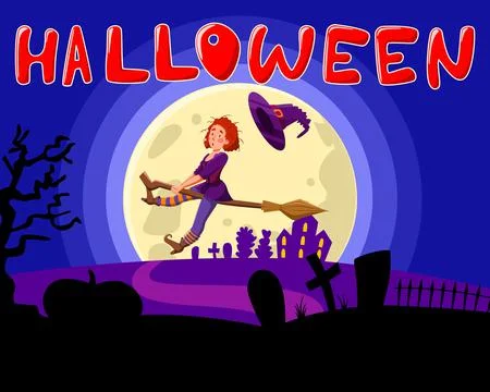 Cemetery background with a big moon. The witch is flying on a broom. The concept Illustrazione stock