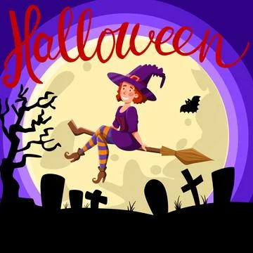 Cemetery background with a big moon. The witch is flying on a broom. The concept Stock Illustration