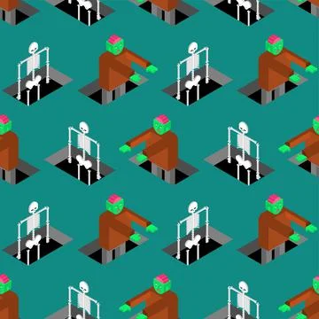 Cemetery background. Skeleton coming out of grave pattern seamless. 스톡 일러스트