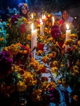Cemetery, candles, marigolds Stock Photos