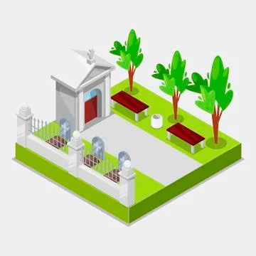 Cemetery concept 3d Isometric view elements of graves with cross and gravestone 스톡 일러스트