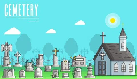 Cemetery with different graves and small Christian church in sunny day. Layout Stock Illustration