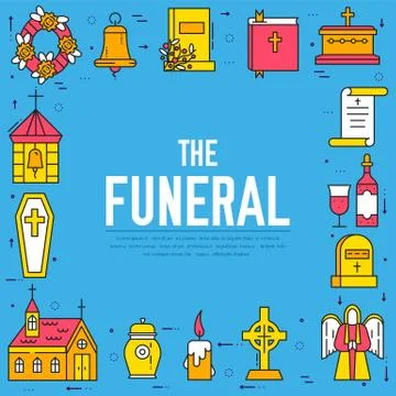 Cemetery with different graves and small Christian church in sunny day. Layout Stock Illustration