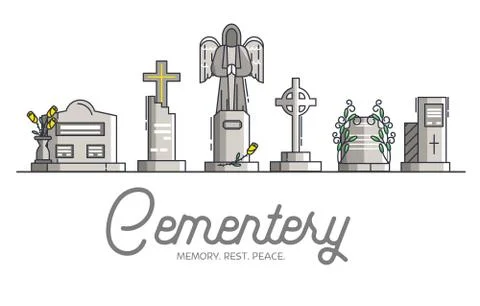 Cemetery with different graves. Layout modern vector background illustration Stock Illustration