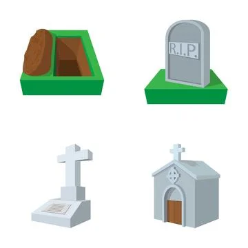 Cemetery elements collection showing grave, tombstone, cross, mausoleum Stock Illustration
