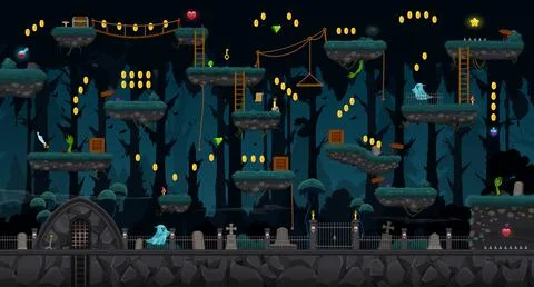 Cemetery game level map, ui vector night graveyard Stock Illustration
