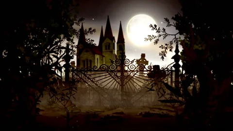Cemetery with a ghost palace behind the gate gothic castle Stockbeeldmateriaal 90968815