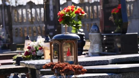 Cemetery Grave Candle Lanterns. Memory Of The Dead Stock Footage 237018964
