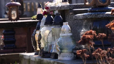 Cemetery Grave Candle Lanterns. Memory Of The Dead Stock Footage 237018980