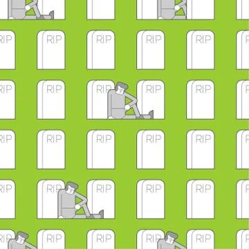Cemetery pattern seamless. Sad guy is sitting by grave. Man and headstone 스톡 일러스트