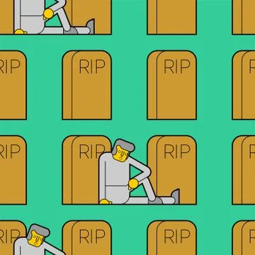 Cemetery pattern seamless. Sad guy is sitting by grave. Man and headstone Stock Illustration