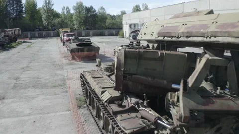 Cemetery of technology in the hone of the alienation of Chernobyl Stockbeeldmateriaal 155242659