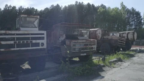 Cemetery of technology in the hone of the alienation of Chernobyl Video stock 155256071