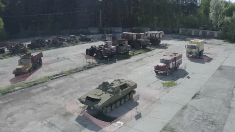 Cemetery of technology in the hone of the alienation of Chernobyl Stock Footage 155256149