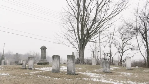 Cemetery winter barren tree and country road in background Stock Footage 89945148